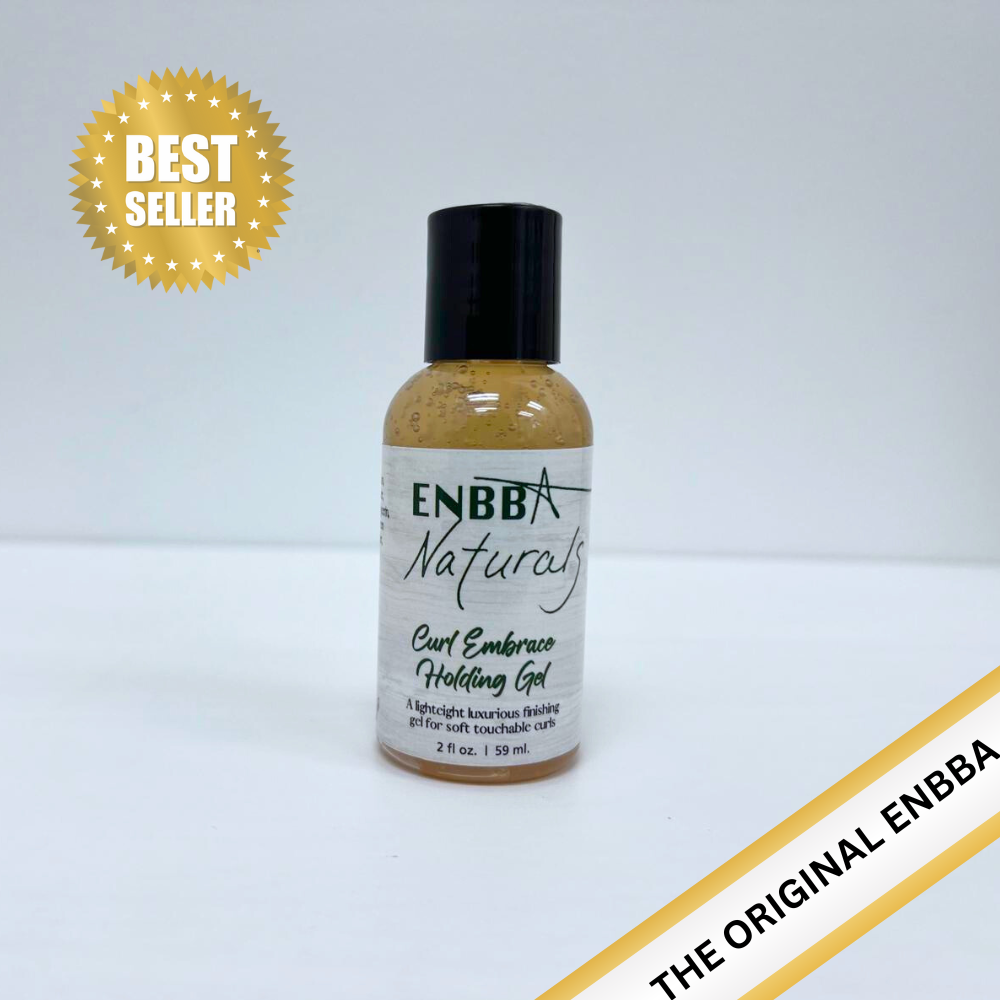 A bottle of ENBBA Naturals Curl Embrace Holding Gel, with a label that includes the brand name and product name, on a white background with a bestseller badge displayed.
