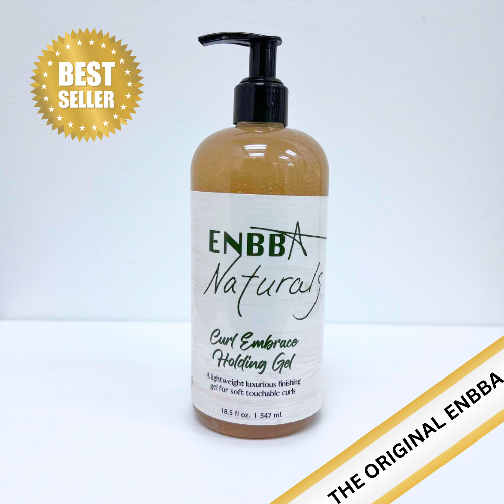 A pump bottle of ENBBA Naturals Curl Embrace Holding Gel Mid Size, with a label that includes the product name and the phrase 'Botanical based, water soluble gel that provides humidity defense adds definition, shine and lasting hold.'.