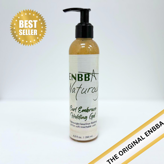 A bottle of Curl Embrace Holding Gel by ENBBA Naturals, with a pump dispenser, white label, and beige gel liquid.