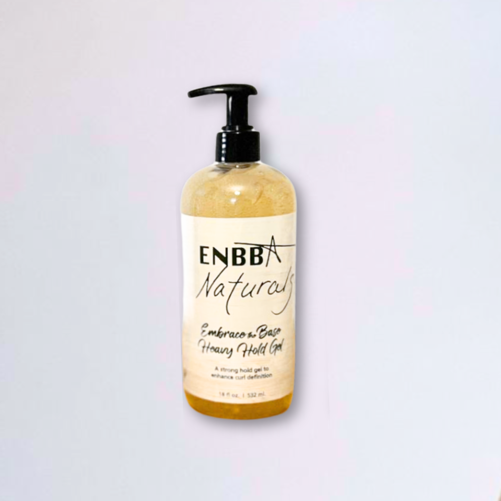 A pump bottle of ENBBA Naturals Embrace the Base Heavy Hold Gel - Mid Size with a yellow label.